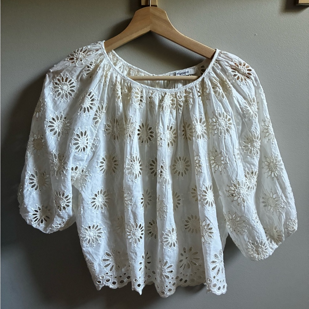 Madewell Embroidered Shirred Puff-Sleeve Top